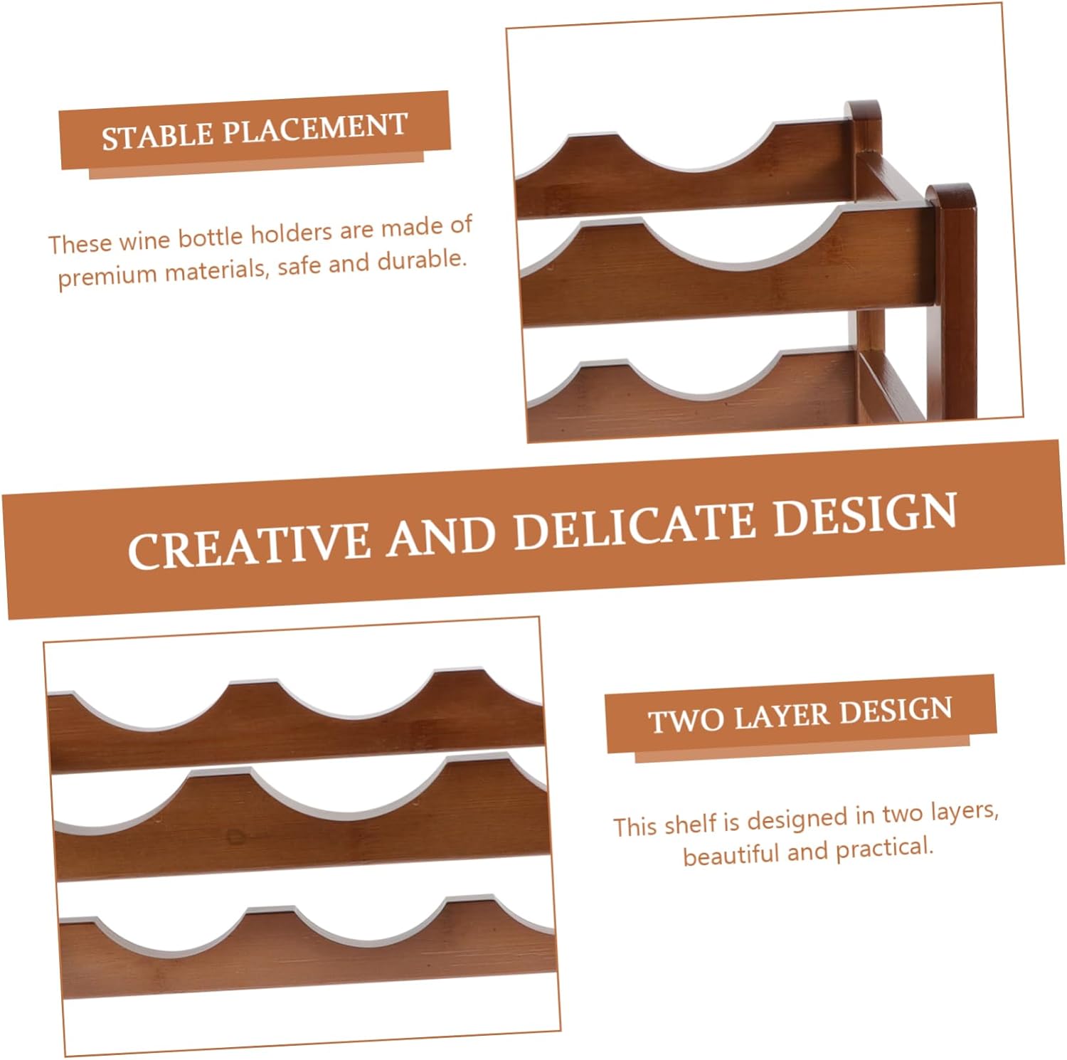 Double Layer Wooden Wine Rack 6-Bottle Holder Stand Decorative Red Wine Organizer for Home Bar Space-Saving Storage Display