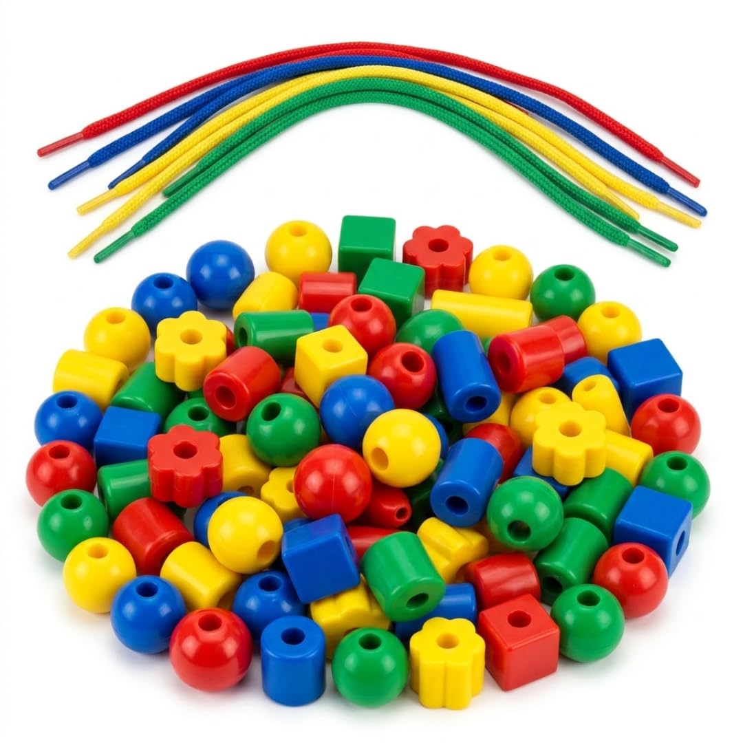 Springboard Assorted Beads & Threading Laces Kit, Mixed Crafting Beads & String for Kids Bracelet Making, EYFS Fine Motor Skills