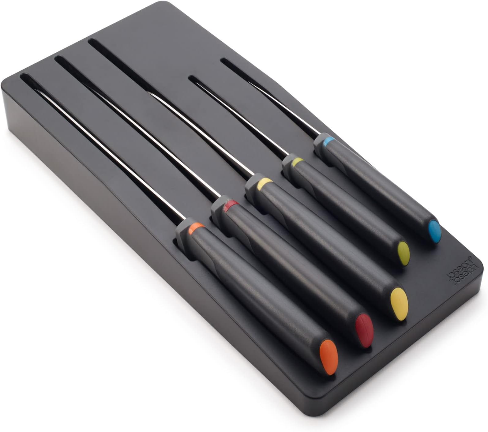 Joseph Joseph Elevate Knives 5-Piece Colour Coded, Japanese Stainless-Steel, Knife Set in Drawer Storage Block, Tidy Organisation Tray – Black