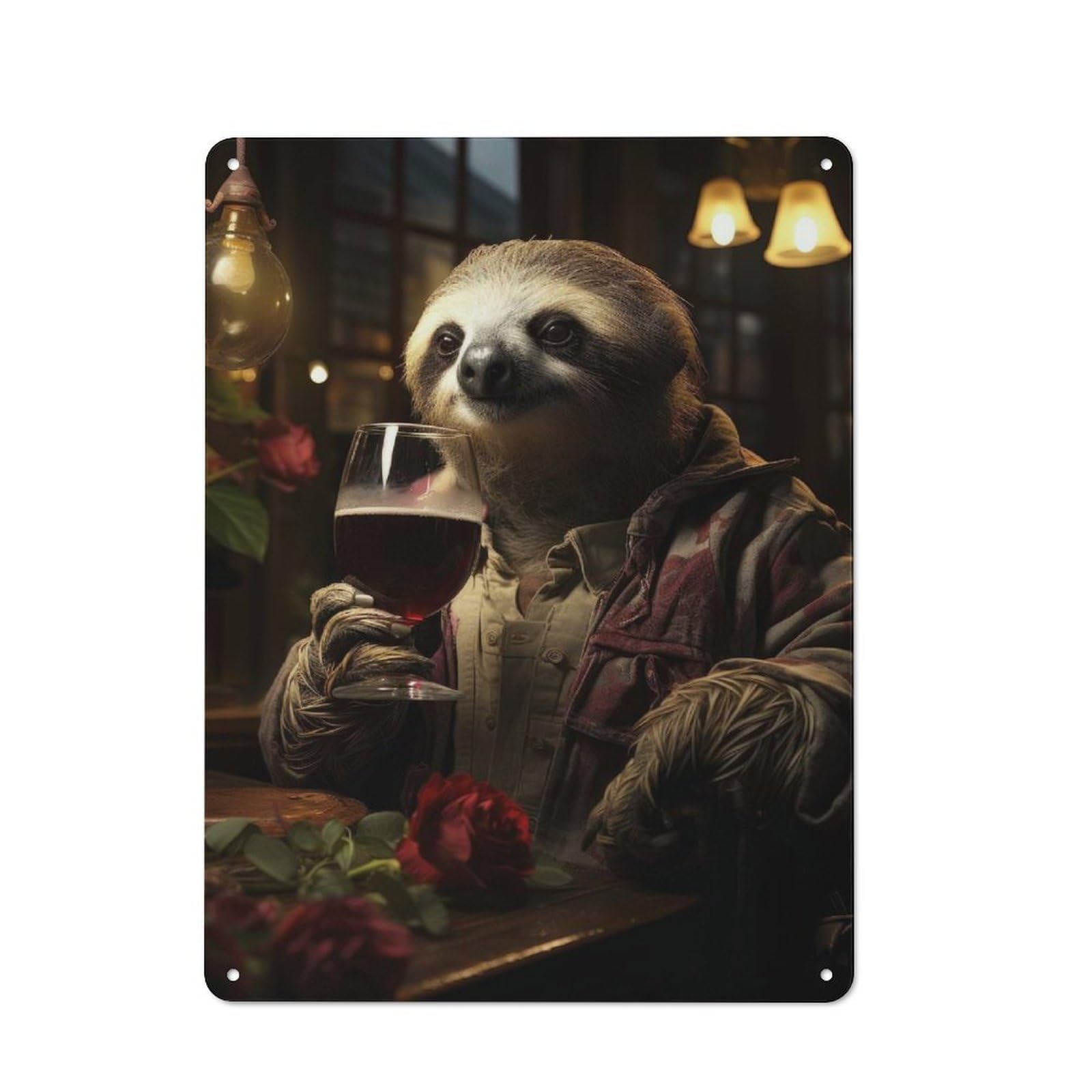 Wine Sloth And Roses Modern Vintage Metal Wall Decor 40x30cm, Office Metal Sign for Office, Study, Studio Or Hallway
