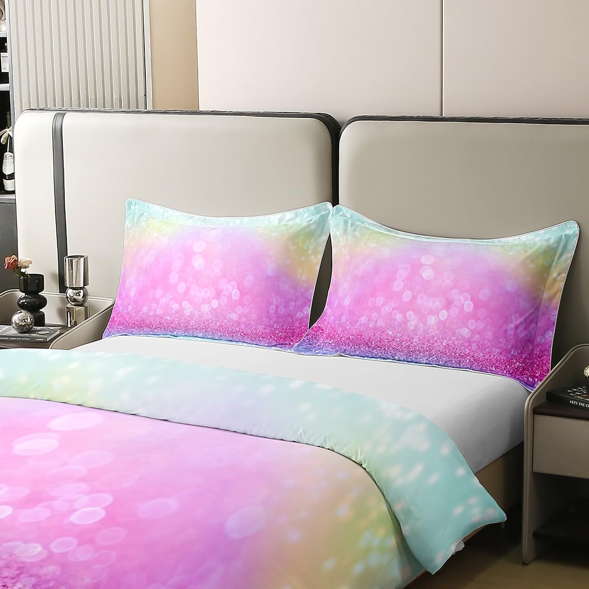 feelingyou Set di biancheria da letto colorato a nuvola, con motivo arcobaleno, per bambini, ragazzi, ragazze, con motivo a stelle, con glitter, per camera decorativa, con 2 federe, super king size