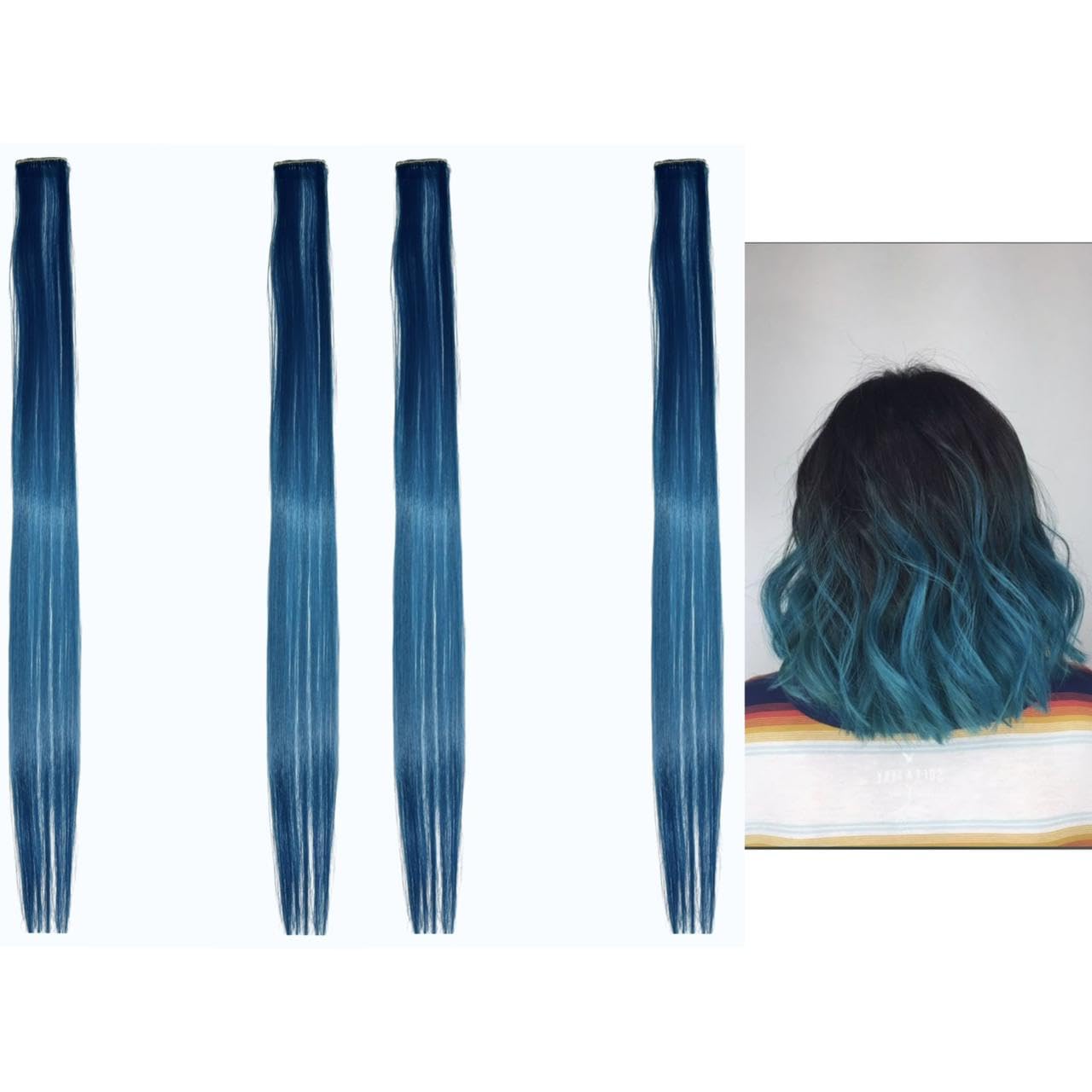 MANRAV 19 Inch Teal Blue Ombre Clip-In Hair Extensions for Women | Straight Synthetic Hair Highlights | Soft & Silky Hair Streaks | Pack of 4-image-38