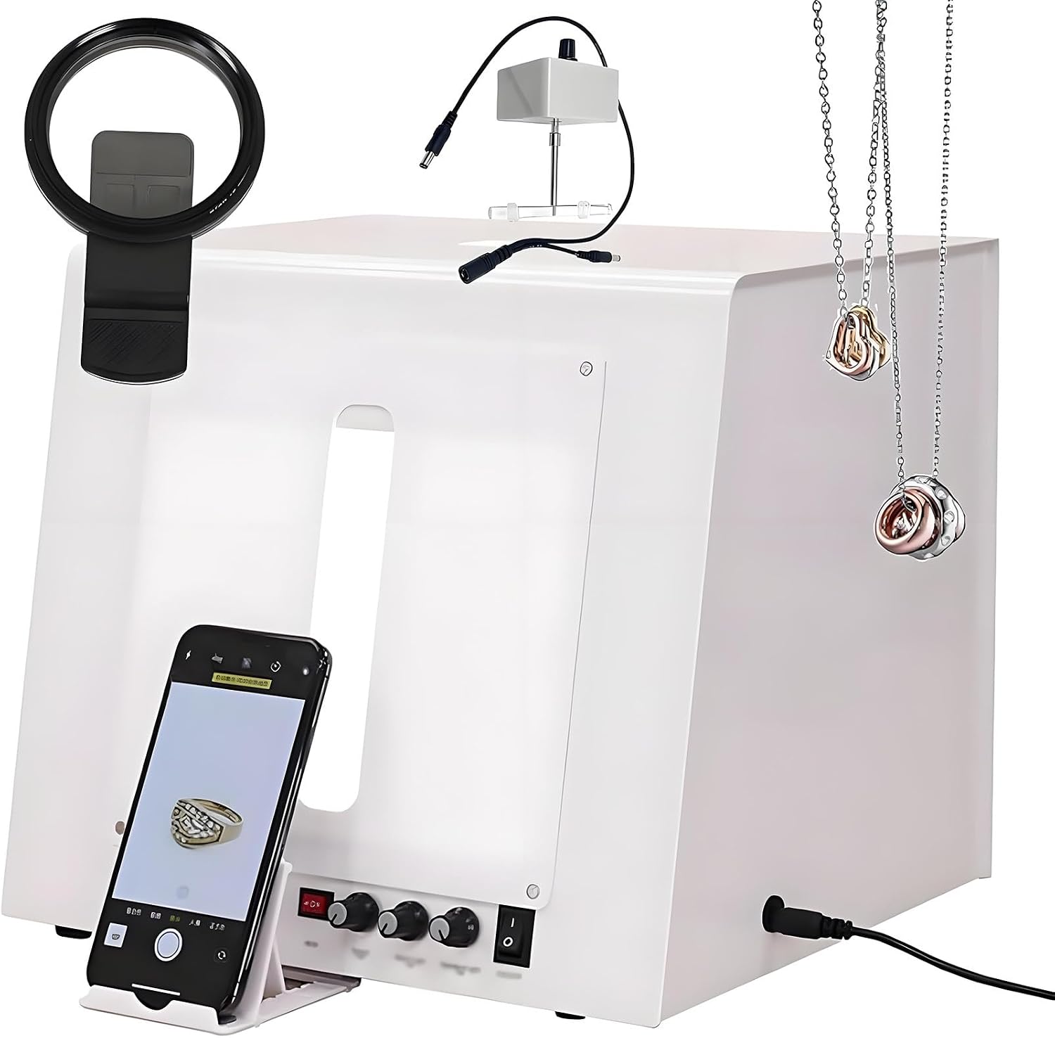 Electric Turntable Gold and Silver Jewellery Photo Light Box, with Speed-Adjustable Electric Turntable and Rotating Hanging Bracket TB200