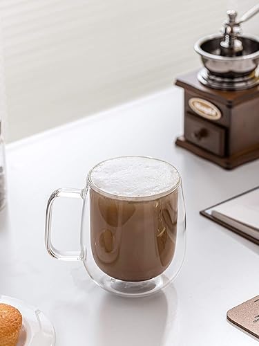 Miniatura 5 de Kanwone Tazas de café de vidrio grandes, 14 onzas, vasos aislados de doble pared con asa, tazas de café de vidrio transparente, perfectas para café