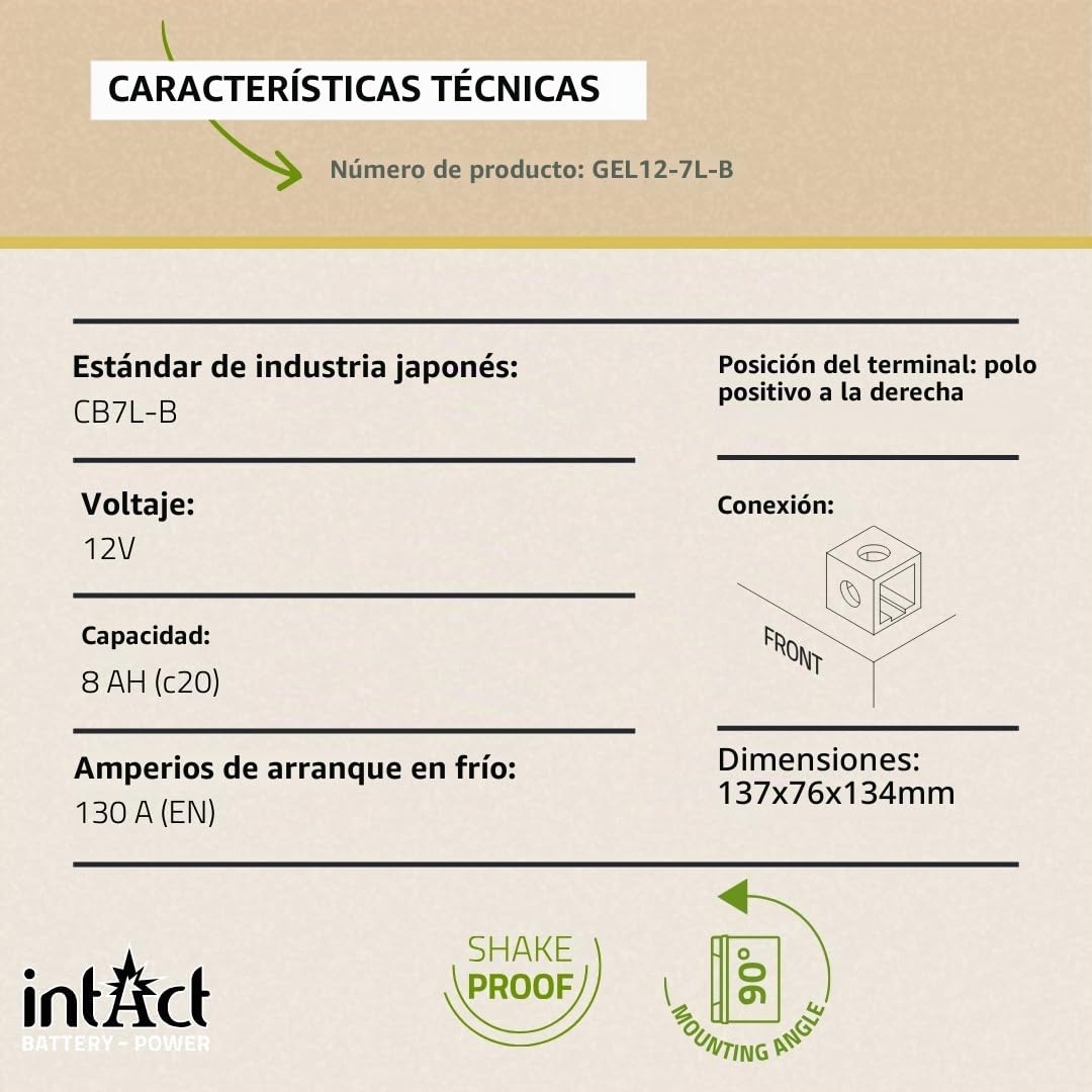 intAct - Bike-Power GEL12-7L-B CB7L-B, 50712, Batería de moto 12V 8 Ah 130 A (EN), Batería de moto de gel sin mantenimiento con un 30% más de potencia de arranque, para scooters, motos, quads