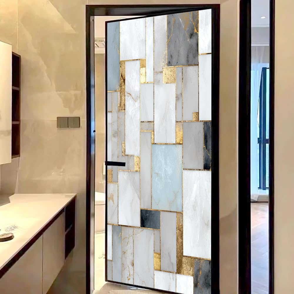 Chic Marble Stained Glass Window Film, Glam Geometric Golden Lines Peel and Stick Privacy Film, Frosted Adhesive Vinyl Decorative for Bathroom Windows Glass Doors, 23.6Wx35.4L inch