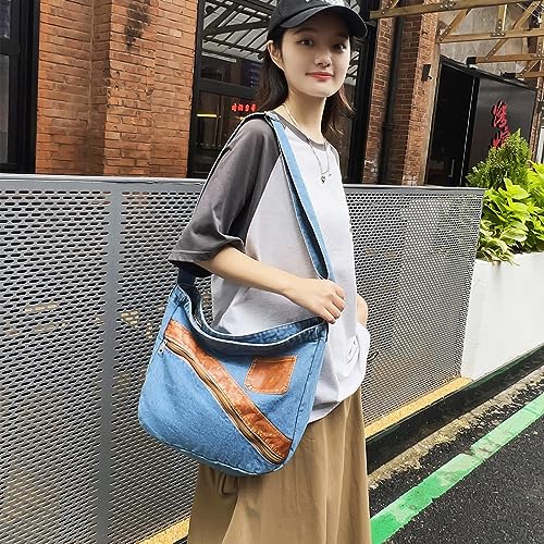 Image of Denim Purse for Women Men Tote Bag with Zipper Crossbody Blue Jean Purses Canvas Shoulder Bag Hobo Handbag