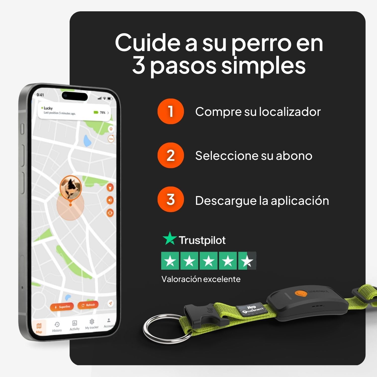 Weenect Dog XT - Nuevo Collar GPS para Perros | Antena XL | Impermeable | Collar Rosa Ultra-Resistente Integrado Julius-K9 | Garantía de por Vida | Suscripción requerida (Amarillo)