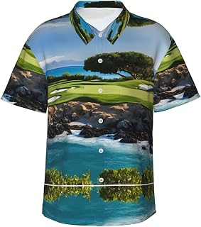 Hawaii Beach Golf Course Print Men's Casual Short Sleeve Button Down Shirt Top Beach Shirts