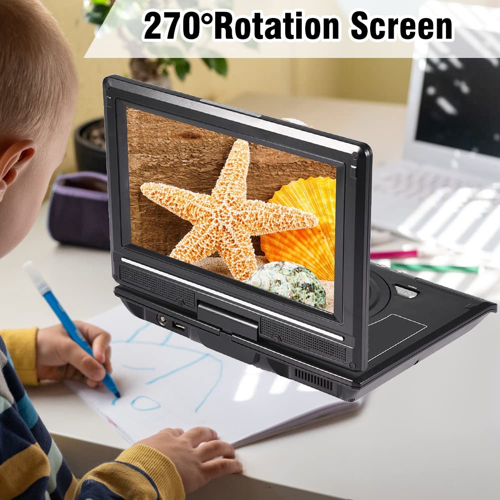 Lecteur DVD HD Portable de 9 Pouces, Lecteur vidéo DVD à écran Large LCD Rotatif à 270 degrés Compatible avec AVI EVD DVD, SVCD, VCD, CD, CD-R/RW et MPEG-4 pour Voiture en Plein air(EU)