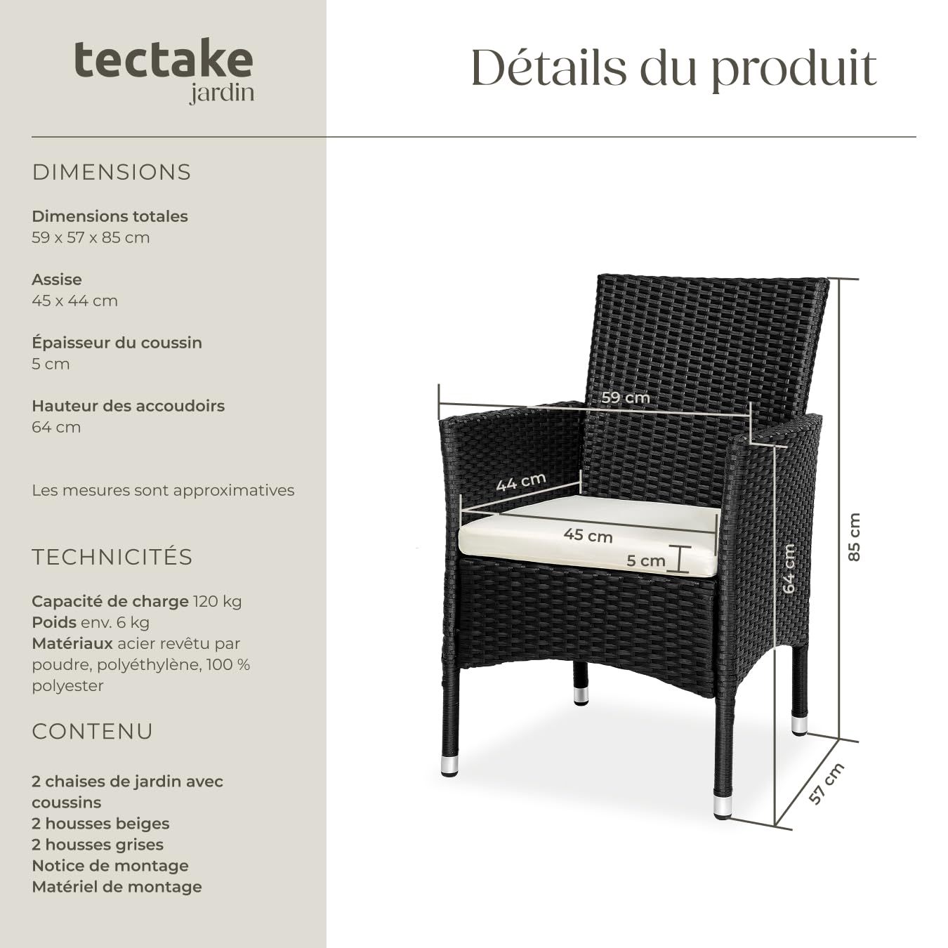 tectake® Ensemble de 2 Fauteuils Confortables avec Accoudoirs pour Salon de Jardin Exterieur ou Intérieur en Poly Rotin, 2 Sets de Housses & Coussins Inclus, Mobilier de Jardin