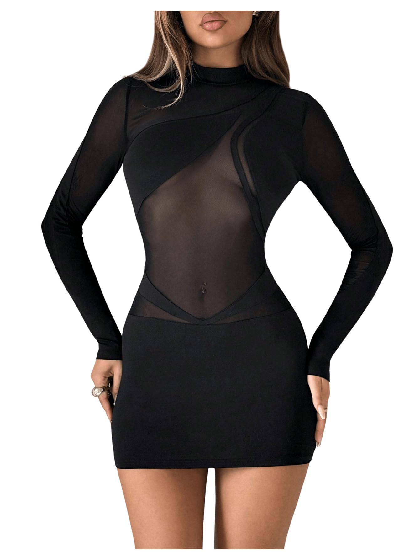Photo 1 of SHENHE Women's Sheer Mesh Sexy Dress Long Sleeve Mock Neck Bodycon Party Night Mini Dress Black Small