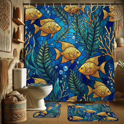 Rideau de douche poisson ocean bleu 183x183cm lavable avec crochets - 4