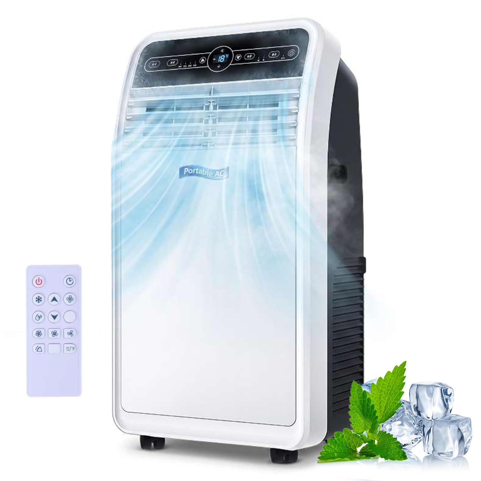 Climatizzatore Portatile 12000/18000 BTU, Unità AC fino a 32㎡ | Raffreddamento, Ventola e Deumidificazione, Flusso 300m³/h, Telecomando, Oscillazione 120°,Display LED(12000BTU)