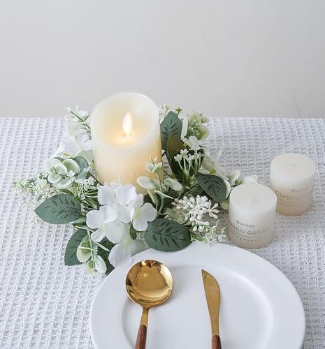 Huilimei 5 Stück 25 cm Kerzenringe Kränze, künstliche Hortensienkranz, Kerzenkränze für Säulen, Weihnachten, Hochzeit, Zuhause, Tischdekoration, Weiß