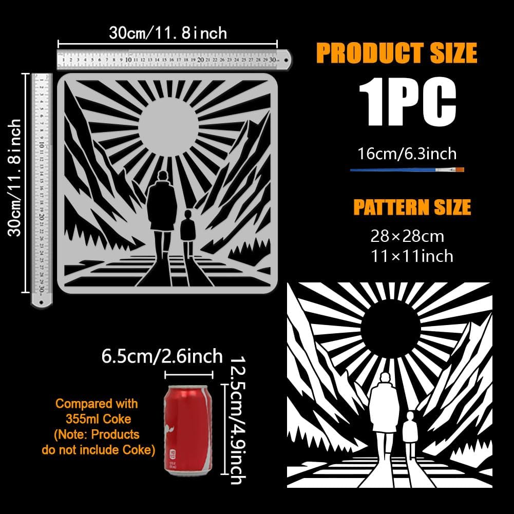 FINGERINSPIRE Lines Mountains Figures Painting Stencil with Paintbrush 11.8x11.8inch Reusable Nature Mountain Stencils Figures the Sun Pattern Stencil Reusable Drawing Template for Crafts DIY Projects
