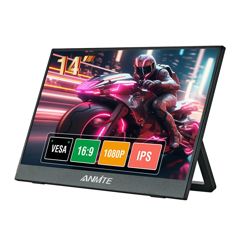 Anmite 14-inch Portable Monitor displaying a car, highlighting VESA, 16:9, 1080P, and IPS features.