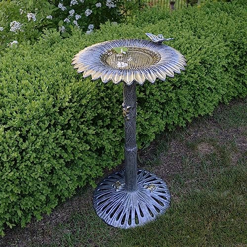 Image of Oakland Living Sunflower Butterfly Bird Bath, Antique Pewter, Silver