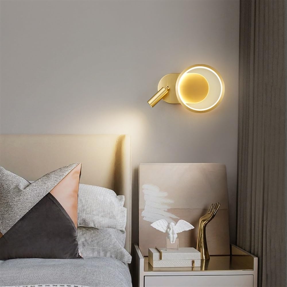 Kinkiet z lampką nocną do czytania, metalowe kinkiety z obrotowym reflektorem, nowoczesne ściemnialne lampy ścienne LED, oświetlenie sypialni, kinkiet 12 W, złoty,Gold