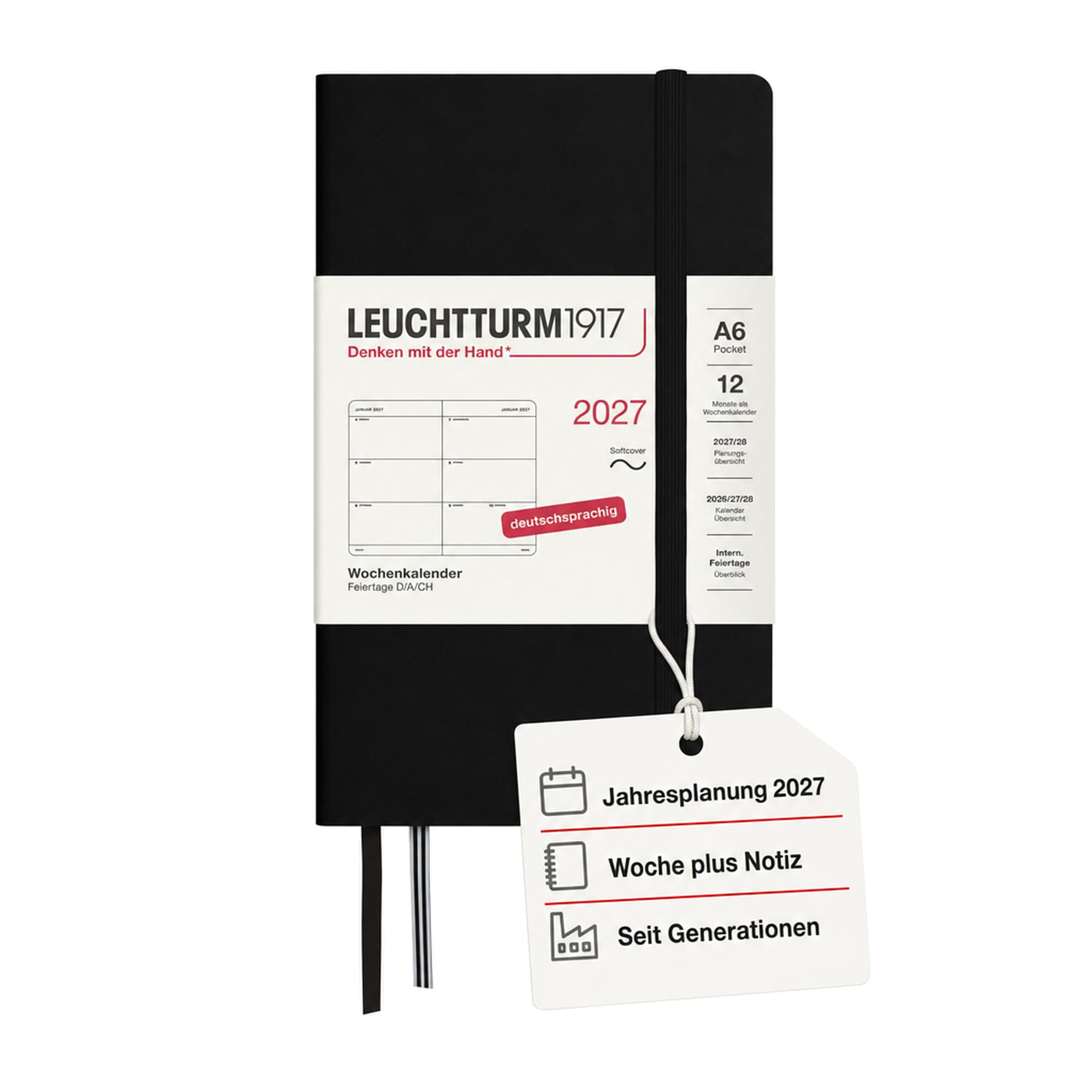 LEUCHTTURM1917 Weekly Planner 2027 Pocket (A6) - German, Black, Soft Cover, 90 x 150 mm, 12 Months - January-December 2027, 1 Week per Double Page, 80 g/mยฒ Paper with High Ink Compatibility โ image 1