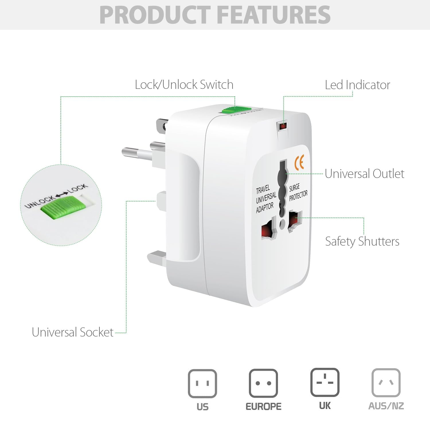 Pivalo Universal Travel Adapter with All in one Multipurpose Power Plug Portable International Travelling 150+ Countries for Phone Camera Laptop (White, Pack of 1) — Amazon image 2