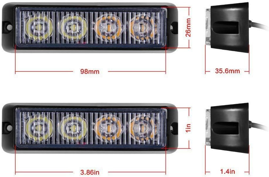 4Pack 4 LED Amber White Strobe Lights Emergency Strobe Lights Kit 12V -24V Vehicles Trucks Yellow Beacon Warning Hazard Flash Strobe Lights Bar Grill Grille Surface Mount Super Bright Waterproof