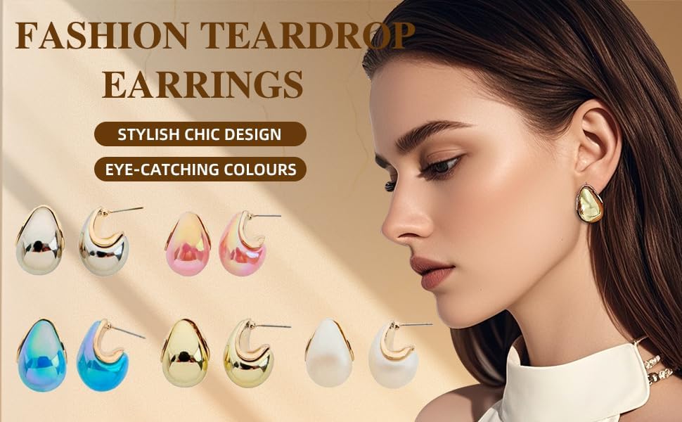 Fashion Forward Chunky Stud Earrings, 5Sets woman jewelry sets, earings set, water drop earings in Gold , Pink , Blue , Silver , beige.large tear drop earrings for women,Modern Statement Jewelry for Women, Packaged in a gift box - Image 3