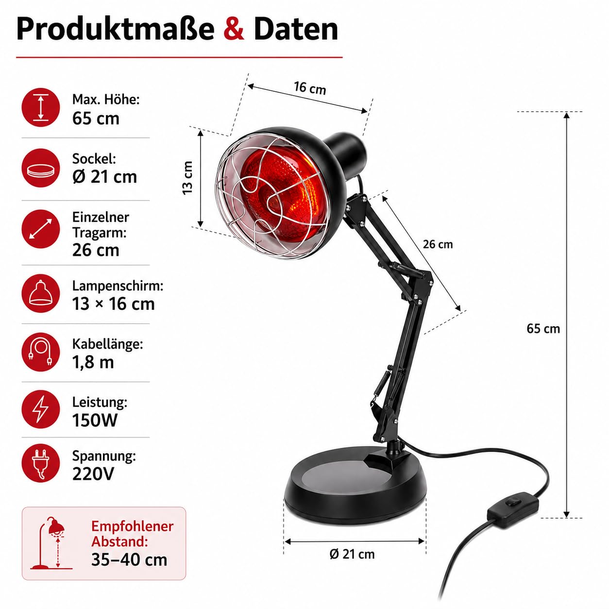 Lámpara de infrarrojos con cubierta de malla antiquemaduras, 150 W, lámpara de luz roja, lámpara de calor para el tratamiento de resfriados y relajación muscular, lámpara calefactora