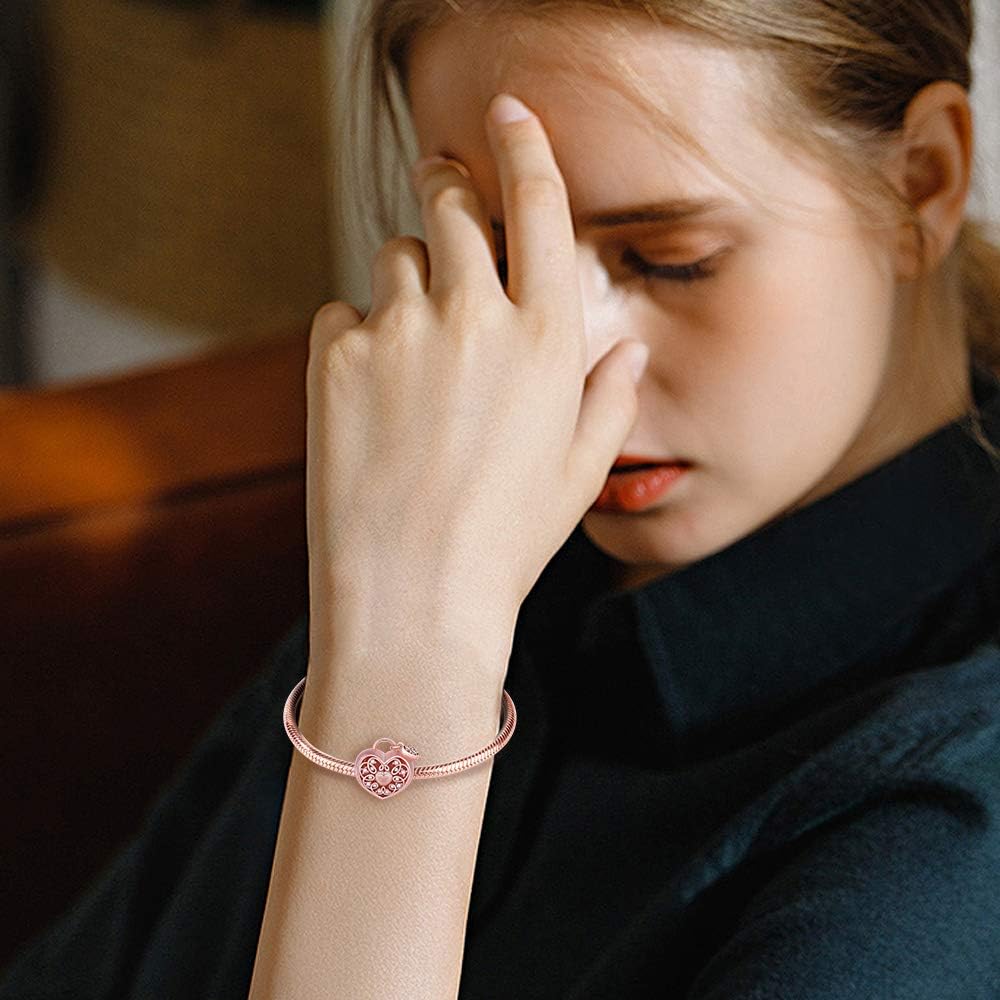 GNOCE Rose Gold Charm Bead Sterling Silver Lock My Heart Hollow Heart Shaped Lock Charm Bead Fit Bracelet/Necklace For Women