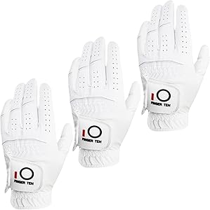 FINGER TEN All Weather Grip Golf Gloves Men Value 3 Pack for Right Handed Golfer, Hot Wet Rain Grip & Comfort Soft Glove for Premium Performance, Colors White Black Blue Sizes S M L XL