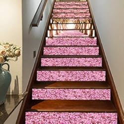 Friso Pared Escalera FLFK 3D Románticas flores de cerezo rosa auto-adhesivos Pegatinas de Escalera pared pintura vinilo Escalera calcomanía Decoración 39.3 pulgadas X7.08 pulgadas X13Piezas