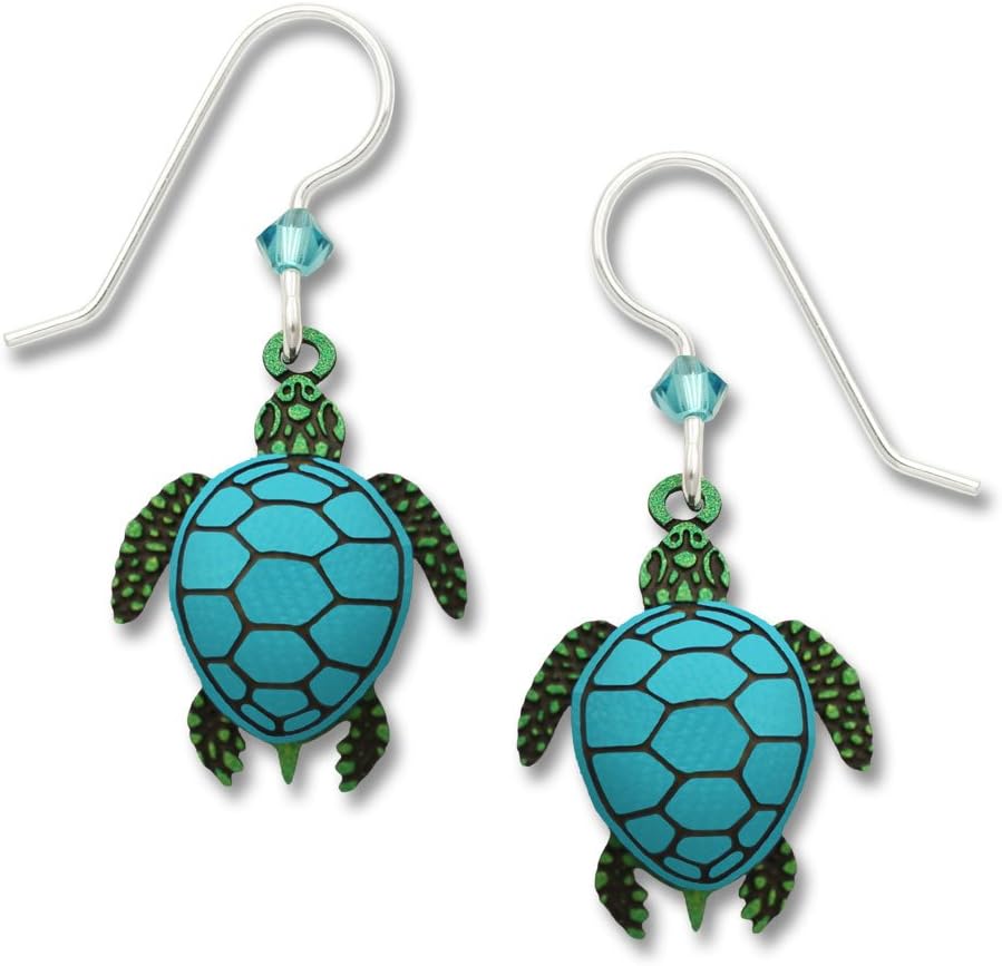Sea Turtle Dangle Earrings - Green with Blue Shell - 925 Sterling Silver Ear Wires