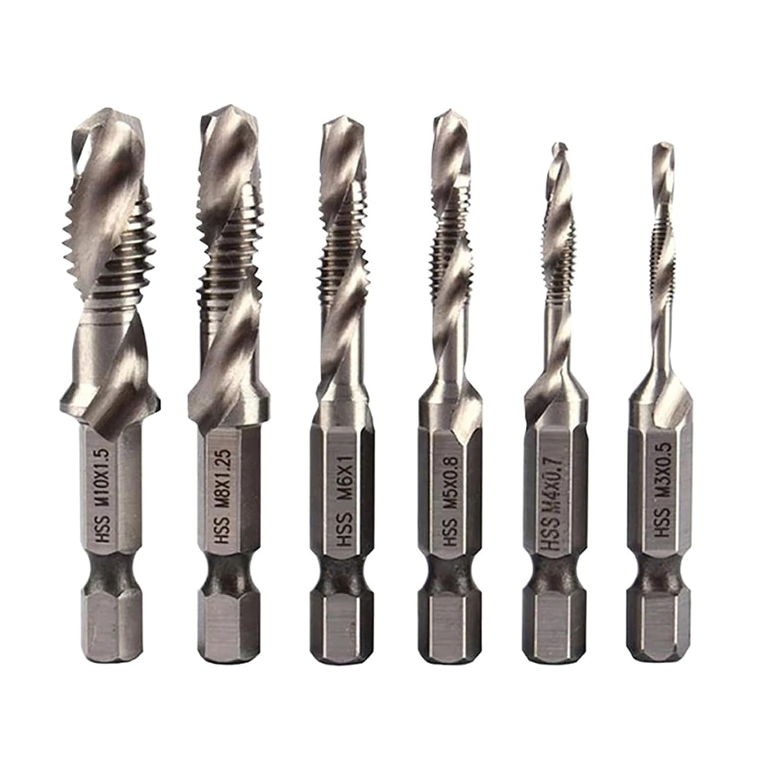 6Pcs Tap Drill Bit Set Hex Shank Titanium Plated HSS Screw Thread Machine Compound M3 M4 M5 M6 M8 M10 Hand Tools(6pcs Silver)
