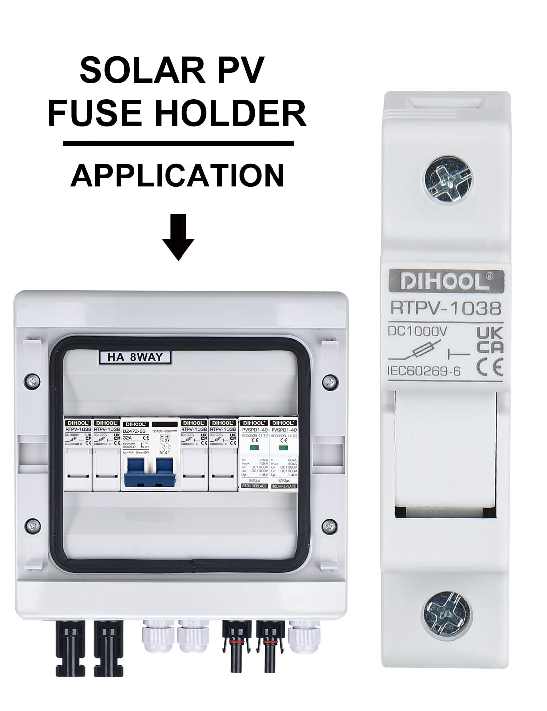 DIHOOL Instalación de guía DIN de 1 polo dc1000v 10 x 38 mm, fusibles fotovoltaicos 10a (4 fusibles y 6 fusibles)