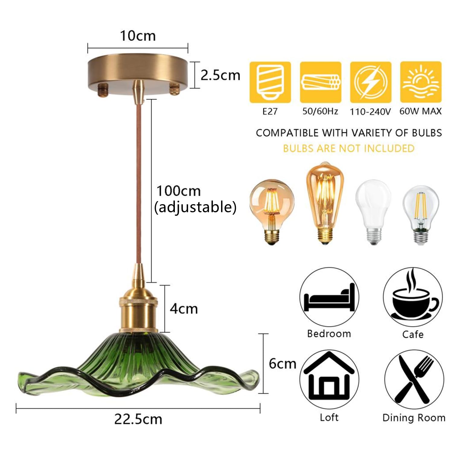 Set di 2 sospensioni in vetro industriale vintage lampada a sospensione E27 lampadario con paralume a forma di loto altezza regolabile plafoniere per cucina, sala da pranzo, camera da letto