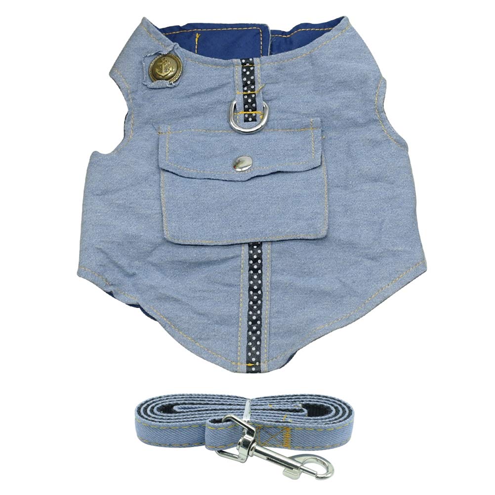 DOILNXH Denim Dog Harness Vest and Leash Blue Padded Jacket Jean Star Clothes with Pocket for Small Dogs Cat Chihuahua
