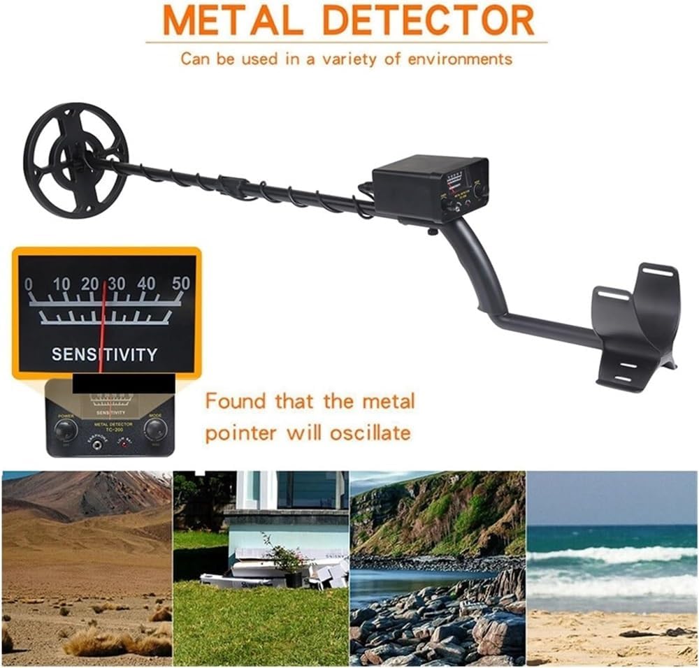 Image showing the CHIPEL TC-200 metal detector being used in different outdoor environments such as deserts, grassy areas, rocky shores, and sandy beaches.