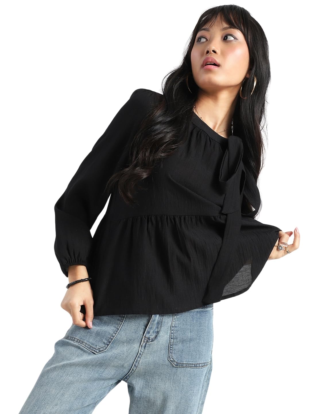 Bow Tie Peplum Stylish Long Sleeve Top-image-37