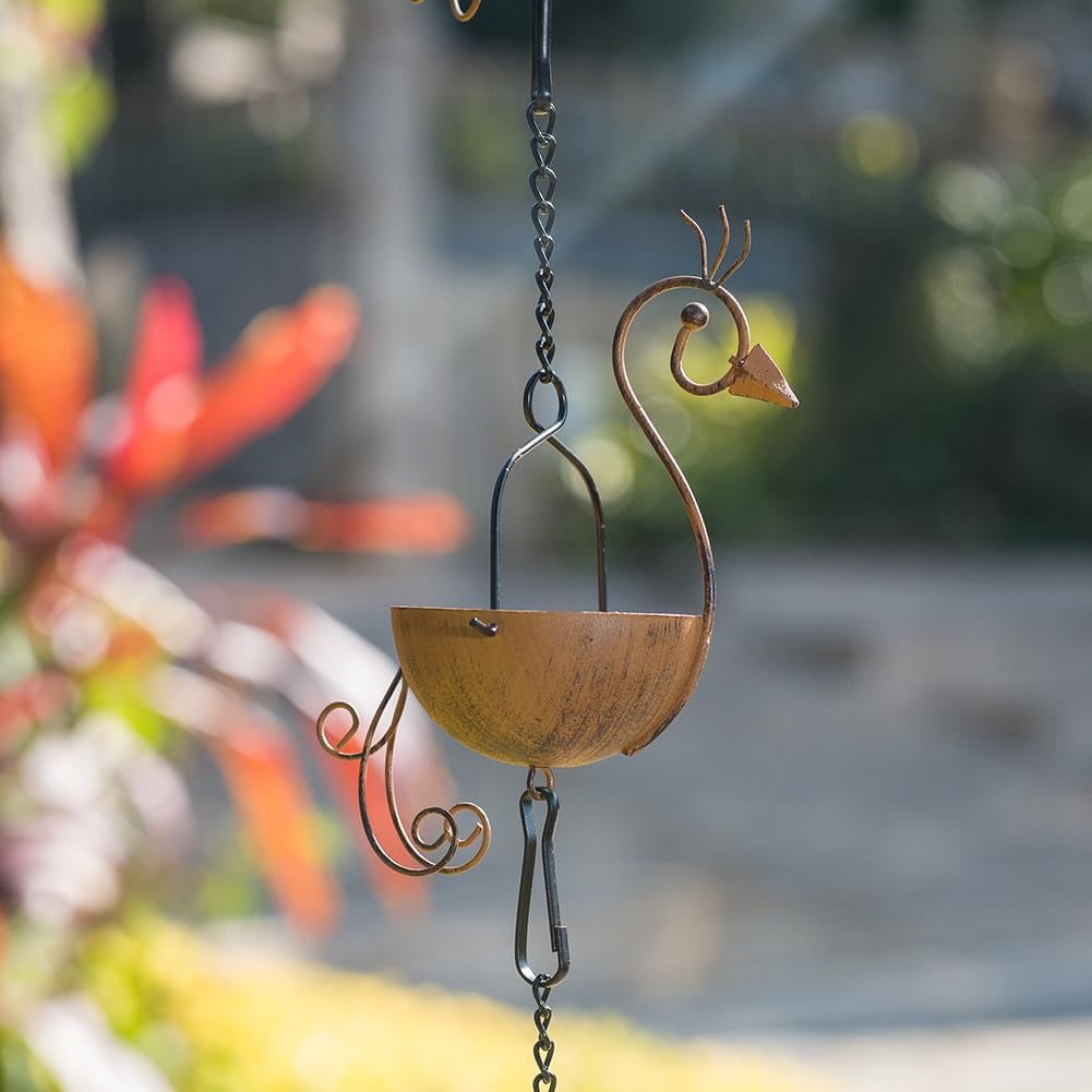 10.1ft Rain Chain for Outside, Rain Chain with 12 Peacock Cups, Adjustable Rain Catcher Chain for Outside, Replacement Downspout for Gutters, Eaves, Drainage