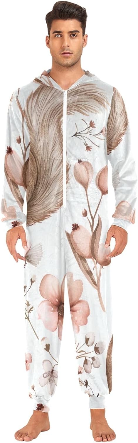 Flower Squirrel Adult Onesie, Soft Plush Pajama Jumpsuit with Hooded Zipper for Men Women Sleepwear Loungewear