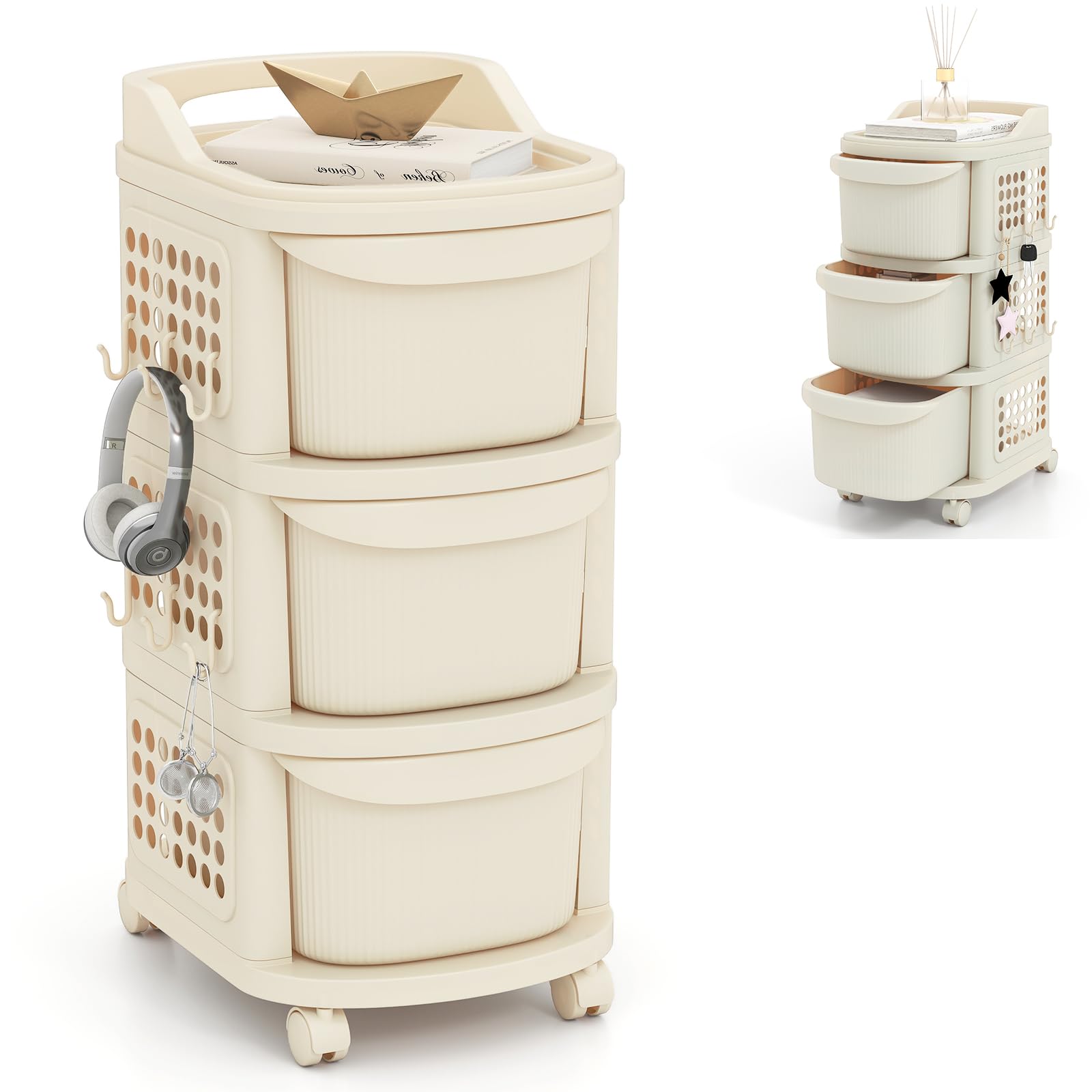 HOMASIS Carro con Ruedas con 3/4 Cajones, Pegboard, Asa y 6 Ganchos, Carro de Almacenamiento Estrecho con Ruedas, Carrito de Cocina, Carrito de Servir, para Cocina, Oficina, Color Blanco