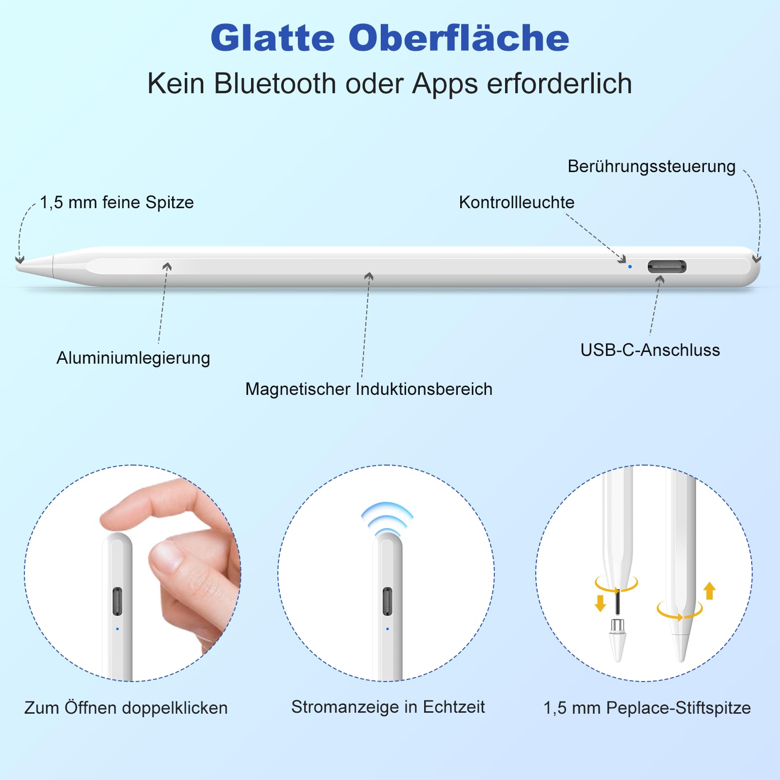 Stylus Pen Tablet Android, KBCASE Penna per Tablet Compatibile Samsung/iPhone/Lenovo/Xiaomi/Huawei/Android Touch Screen, Stylus Pencil with Sensibile all'Inclinazione con 3 Punte