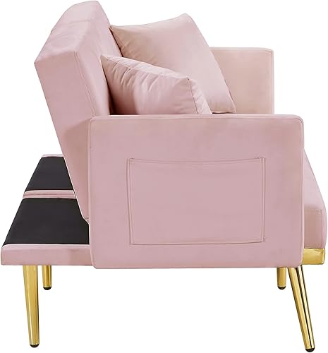 Miniatura 21 de Moderno sofá biplaza de terciopelo de 59 pulgadas con 2 bolsillos, sofá cama convertible tapizado con respaldo múltiple ajustable, sofá futón con