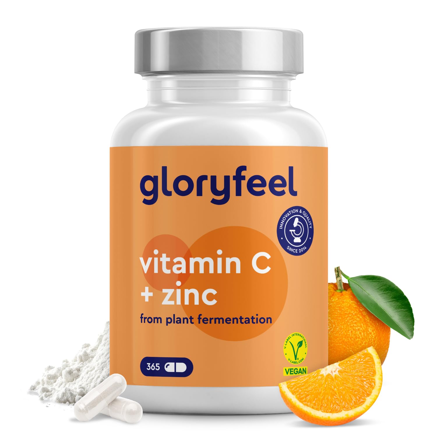 Vitamin C + Zinc - 365 High Strength Vitamin C Capsules, 1000mg + 20mg Zinc - Plant-Fermented & Buffered (pH-Neutral, Acid-Free, Gentle on The Stomach) - Supplements Made in Germany