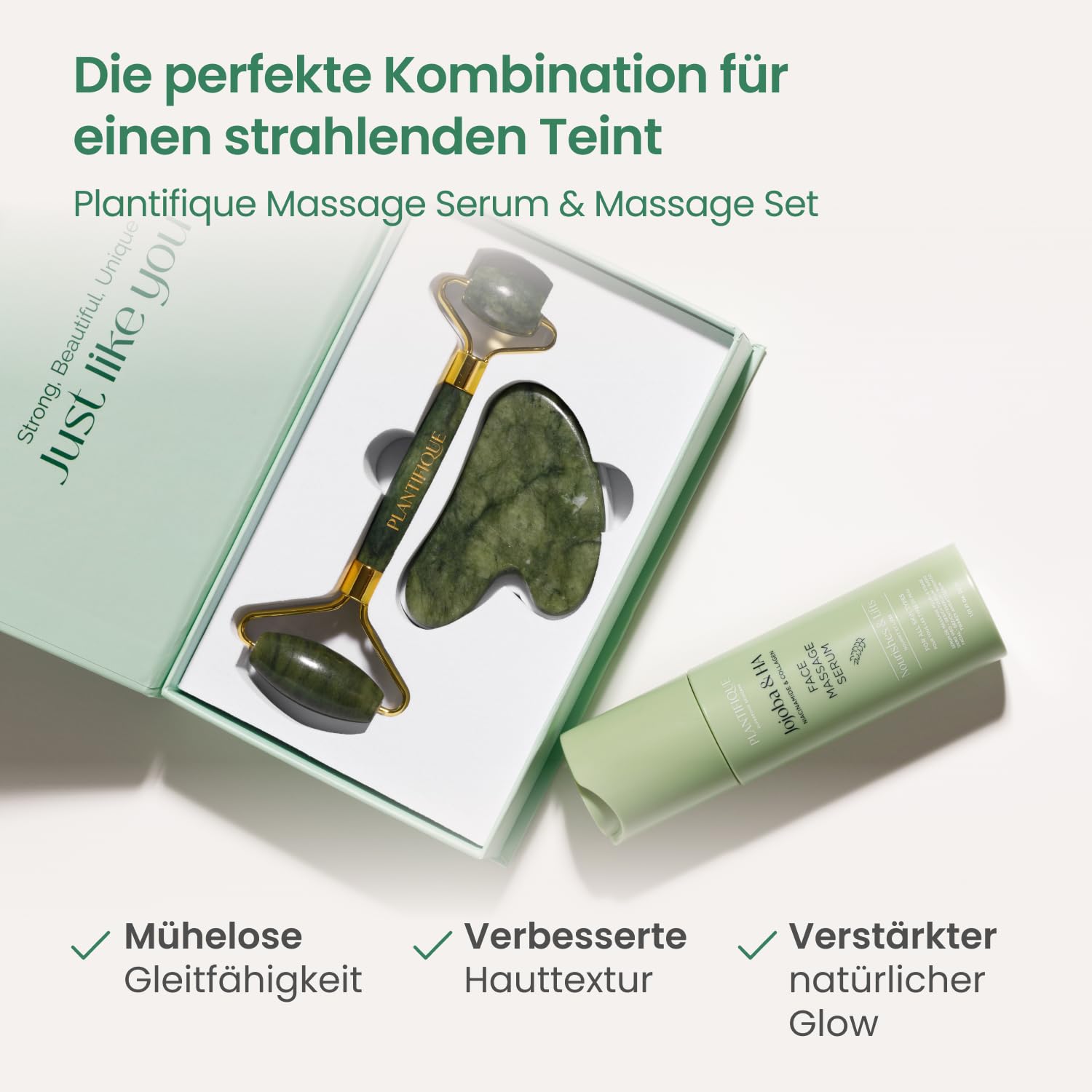PLANTIFIQUE Rullo Giada Viso e Gua Sha - Jade Roller e Guasha Pietra Massaggiatore Antirughe & Rullo Viso di Quarzo Rosa e Gua Sha - Roller e Guasha Pietra Massaggiatore Antirughe