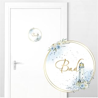 Grandora Türaufkleber Bad mit Leuchtturm und Rosen I 19 x 20 cm (BxH) I Wandsticker selbstklebend WC Wandaufkleber Toilette Wandtattoo Badezimmer Aufkleber DL741