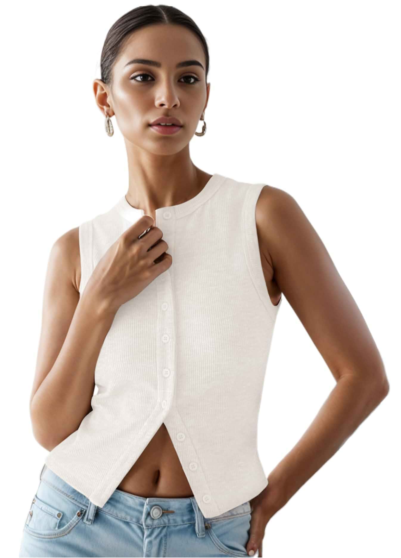 Womens Button Down Tank Tops Ribbed Summer Going Out Crop Vest Slim Fit Sleeveless, Crew Neck Tops, Y2k Cute Trendy Vacation, Casual Concert Top, 2026 Night Club Rave Outfits Daily