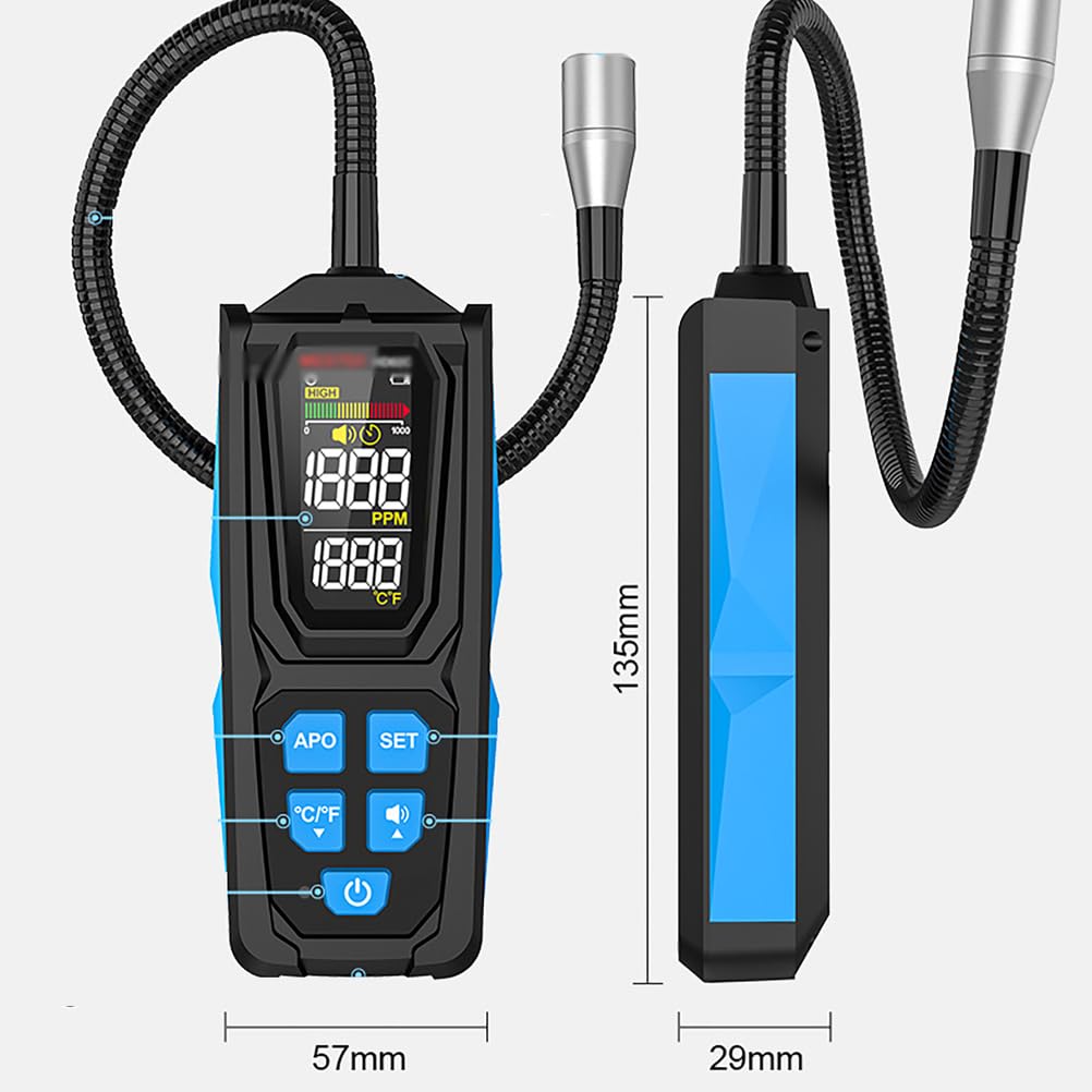 Detector de fugas de gas, analizador de gas de alta precisión, kit de detección de fugas automotrices con triple alarma (audible/visual/retroiluminación) y sonda flexible para el hogar y RV