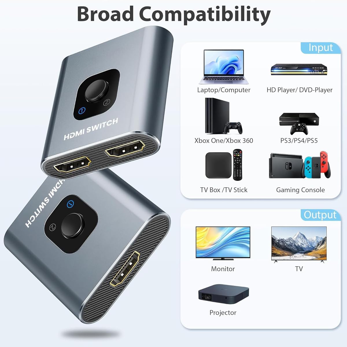 HDMI Switch 4k@60hz Splitter, Aluminum Bidirectional HDMI Switcher 2 in 1 Out, Manual HDMI Hub Supports HD Compatible with Xbox PS5/4/3 Home Theater/Streaming,Gray