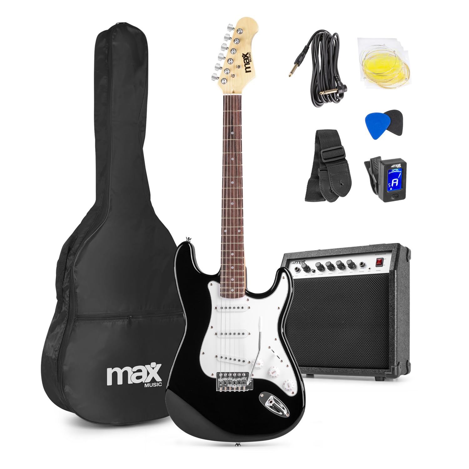 Max GIGKIT Beginner Electric Guitar Kit with 40W Amplifier, Accessories & 6 Months Lessons - Complete Starter Set Ideal for Adults & Kids, Black Gloss Finish Guitar with AUX Input & EQ Control